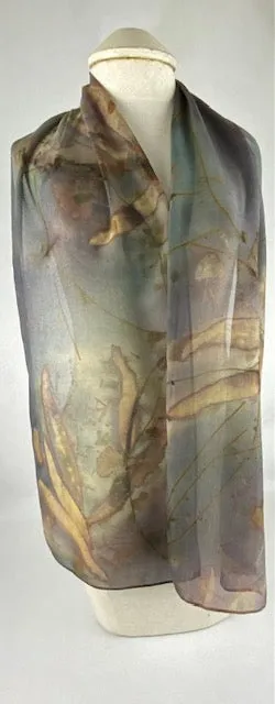 One of a kind fashion accessory hand dyed eco printed silk chiffon luxurious scarf