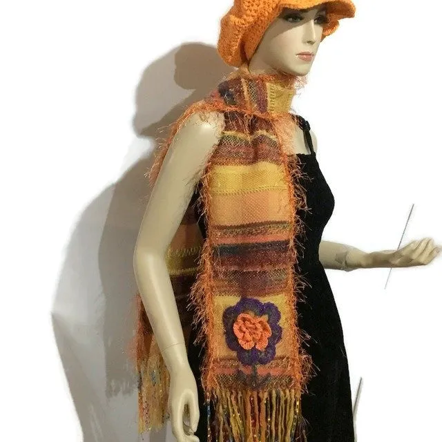 Orange alpaca fiber, hand woven woman's size neckwear, andrea designs handmade scarves, the orange mum scarf, winter wrap,  must have gift