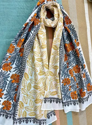 Orange & Ochre Block Printed Voile Cotton Scarf