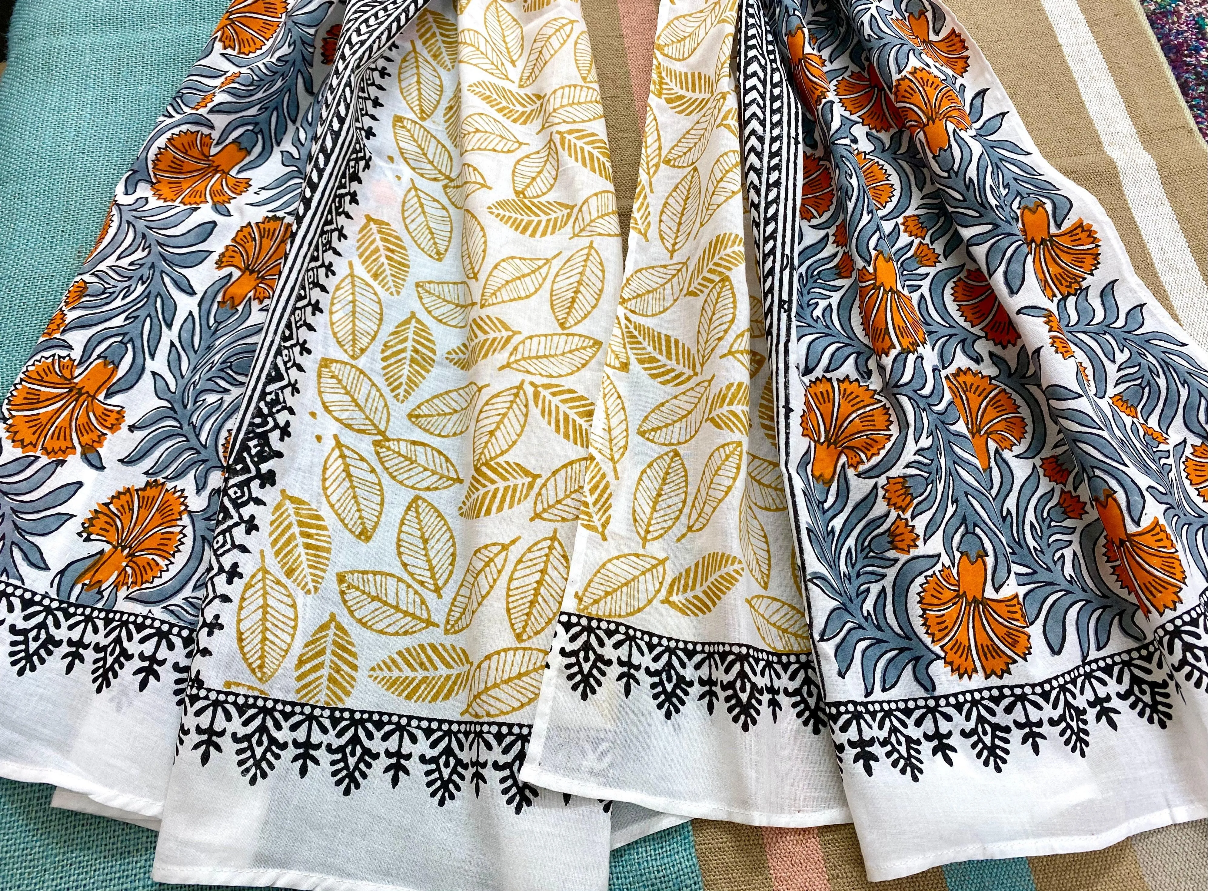 Orange & Ochre Block Printed Voile Cotton Scarf