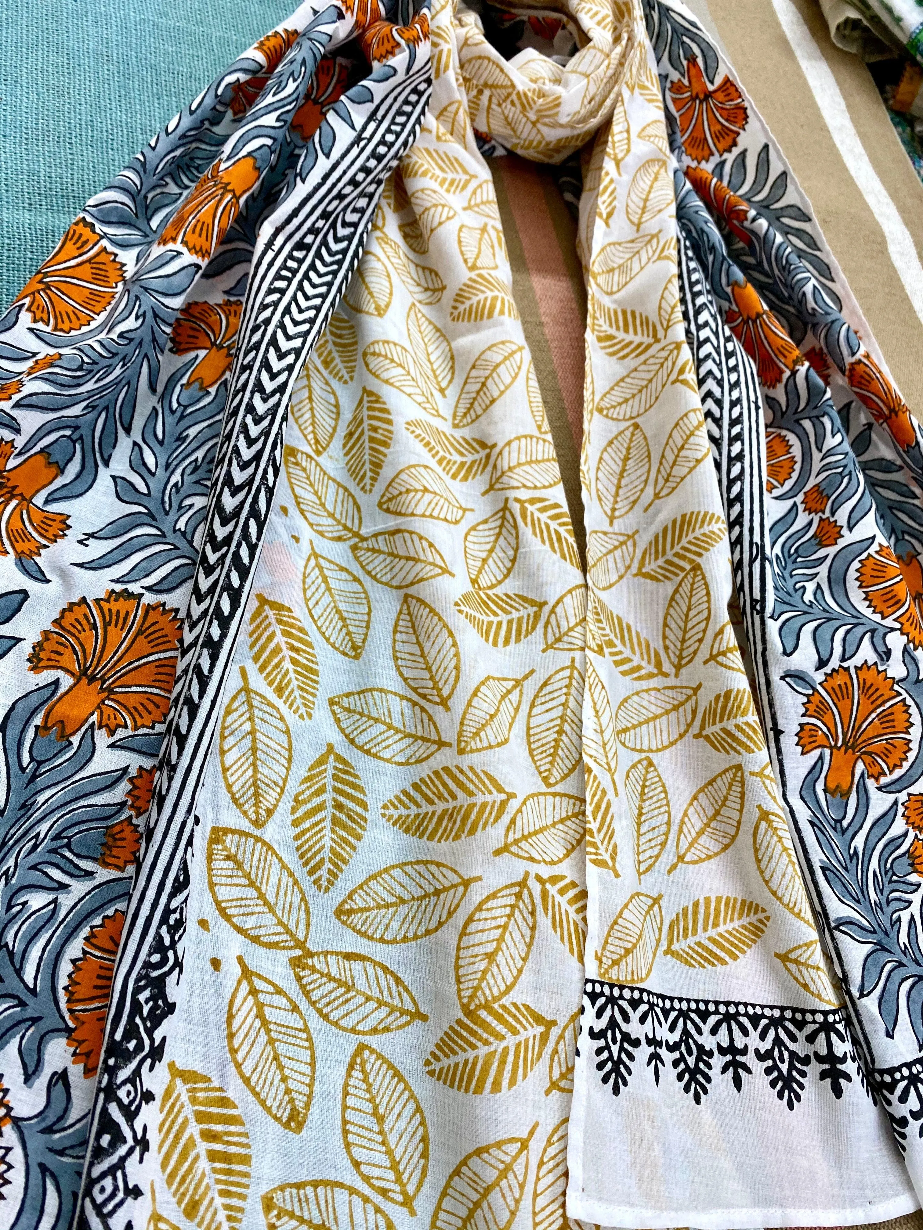 Orange & Ochre Block Printed Voile Cotton Scarf