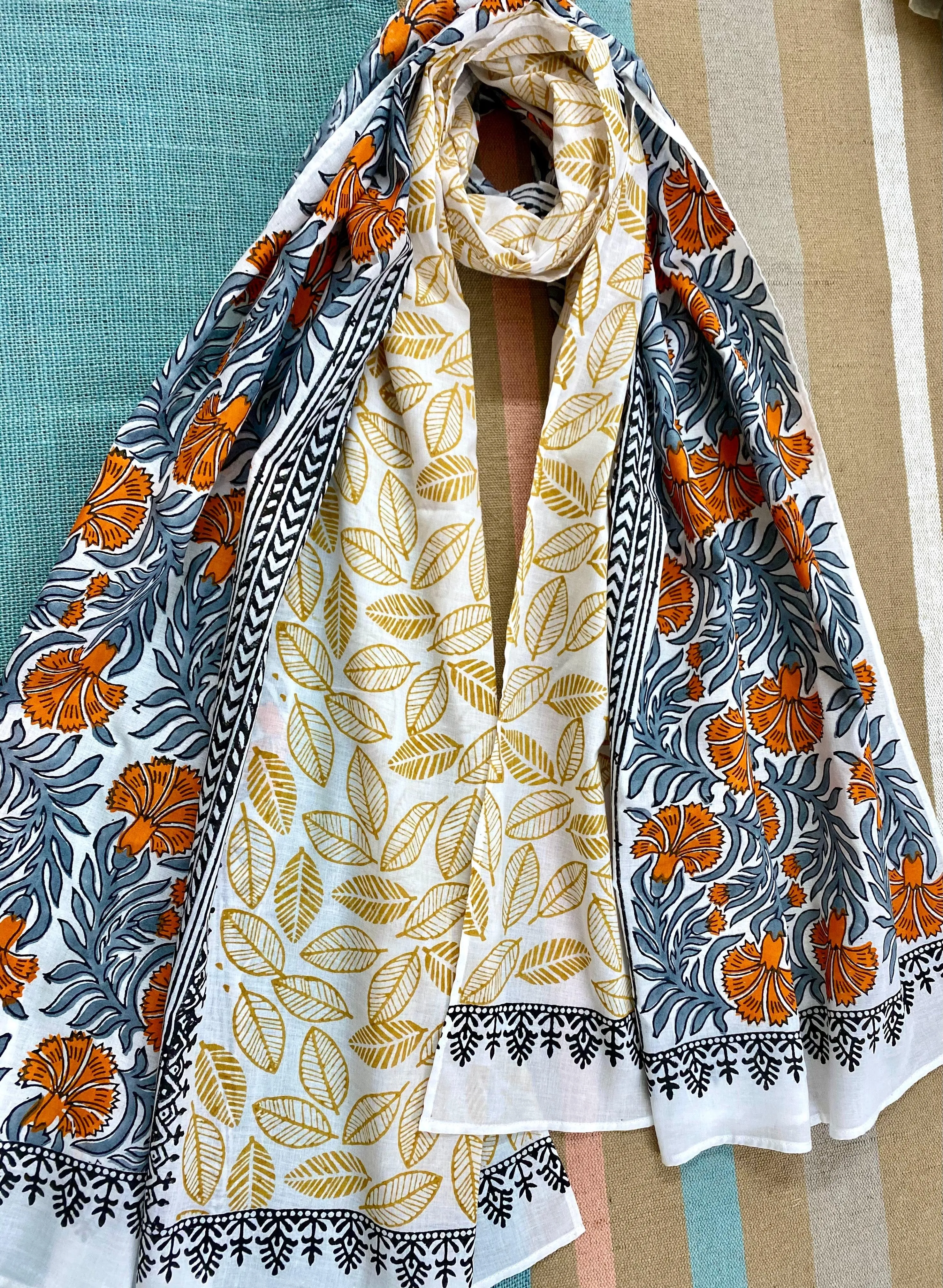 Orange & Ochre Block Printed Voile Cotton Scarf
