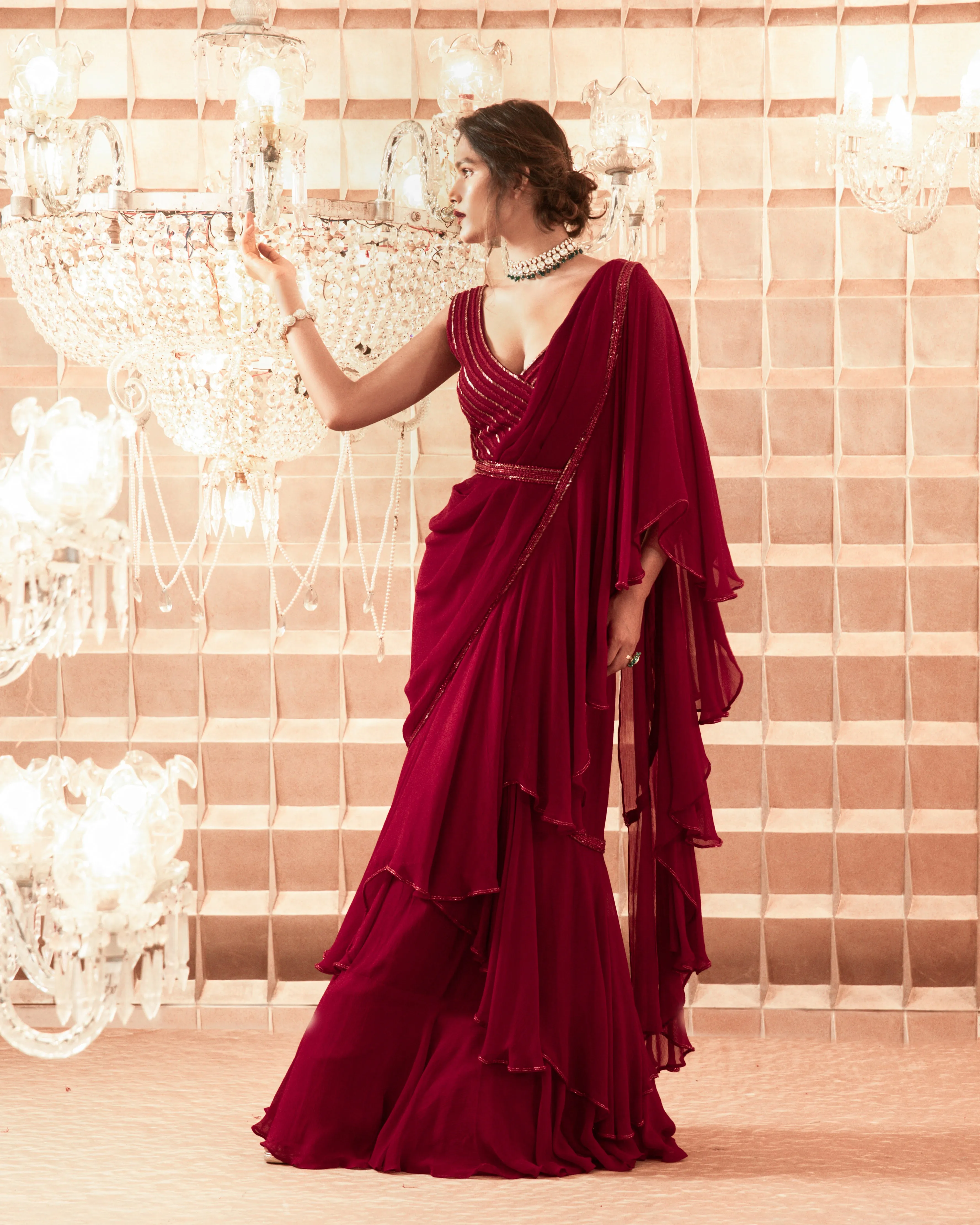 Oxblood Red Embroidered Saree
