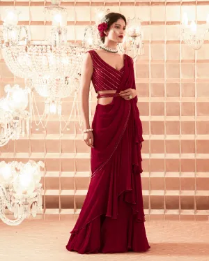 Oxblood Red Embroidered Saree