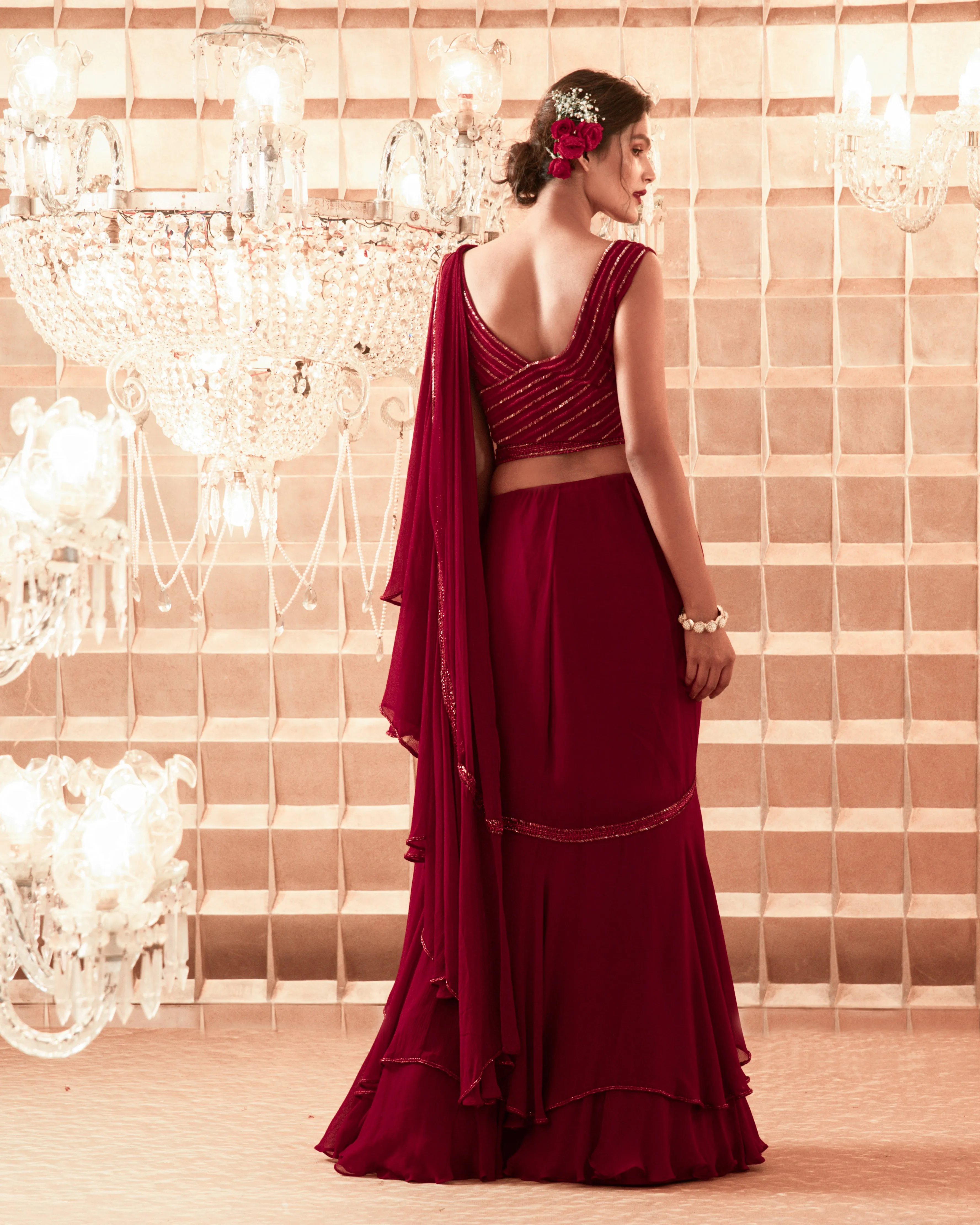 Oxblood Red Embroidered Saree