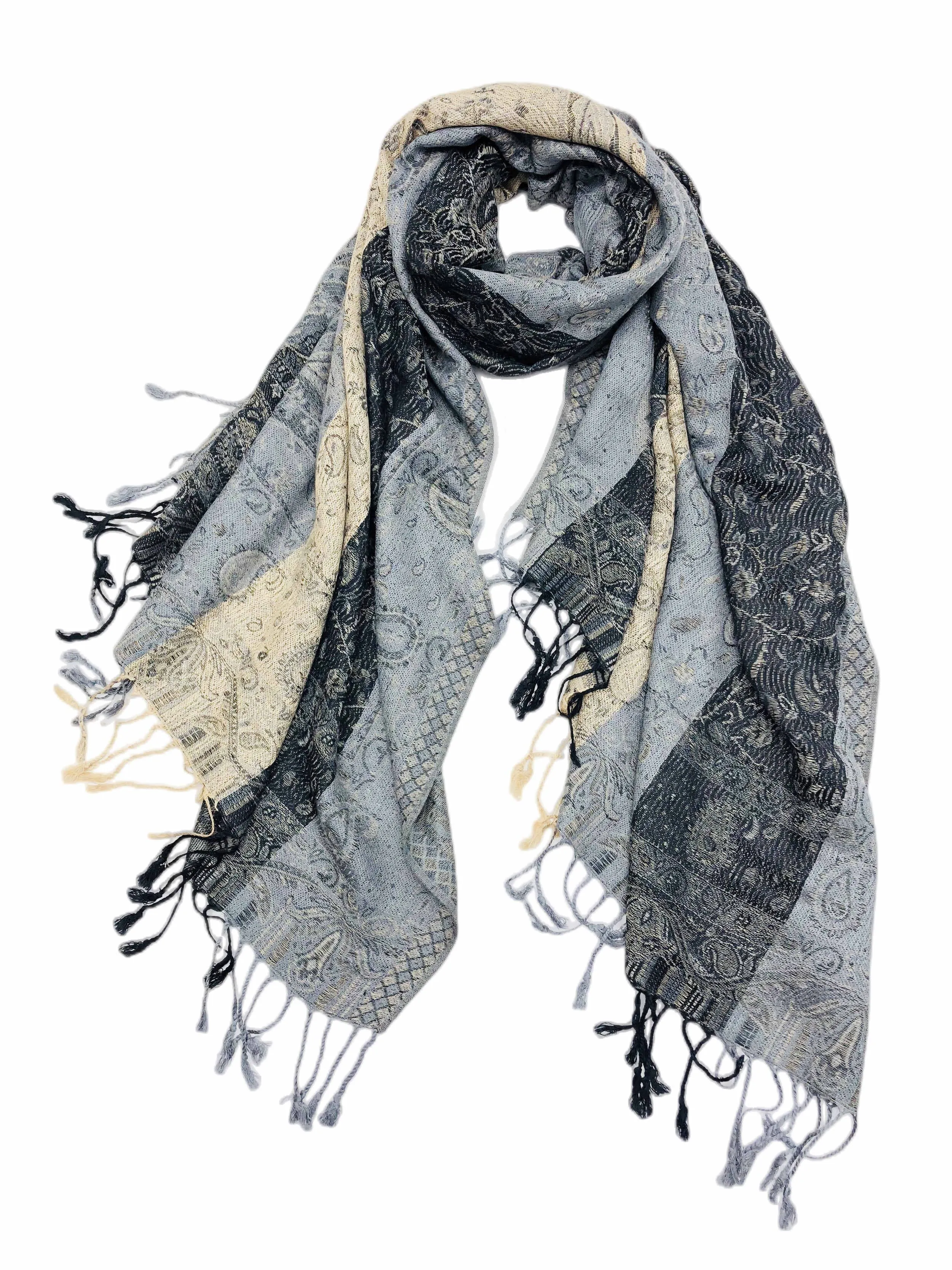 Paisley Pashmina Scarf in Grey and Black
