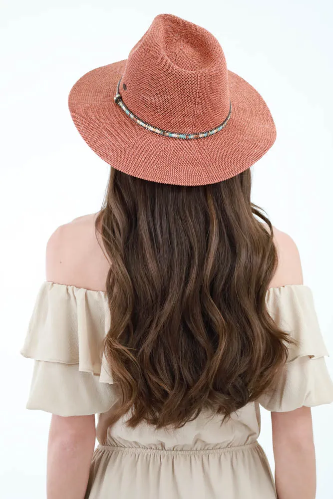 Panama Hat with Multi Thread and Rhinestone Trim Band - Clay
