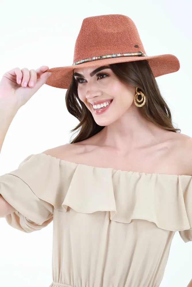 Panama Hat with Multi Thread and Rhinestone Trim Band - Clay