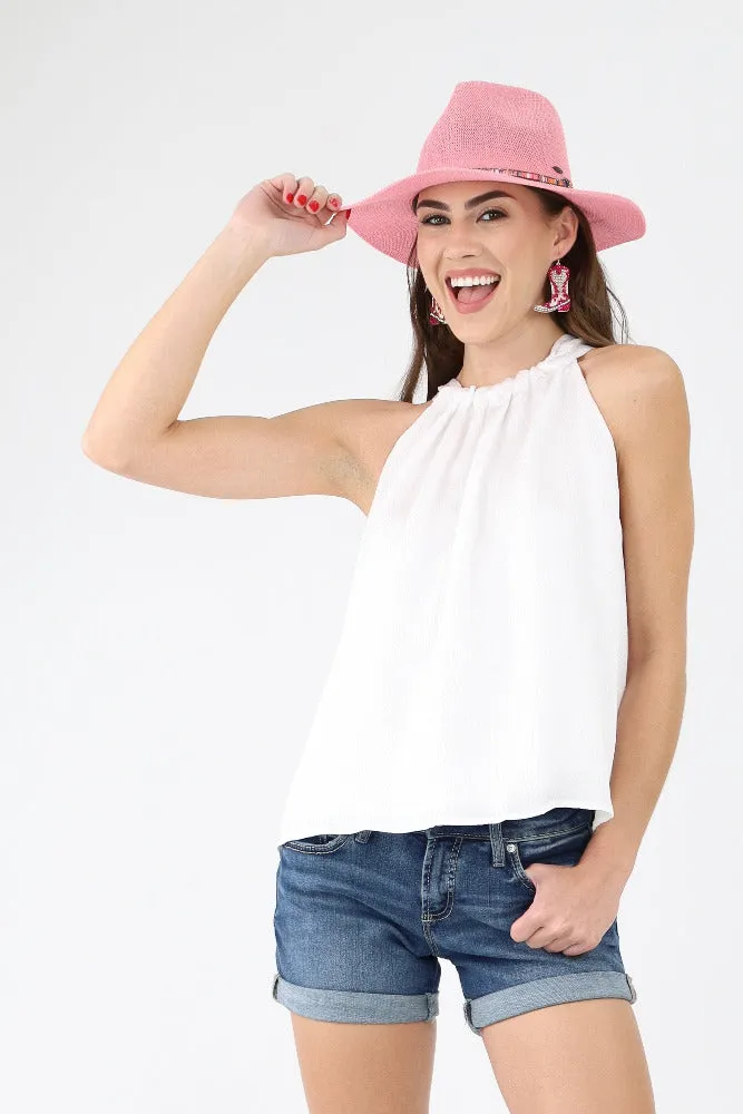 Panama Hat with Multi Thread and Rhinestone Trim Band - Pink