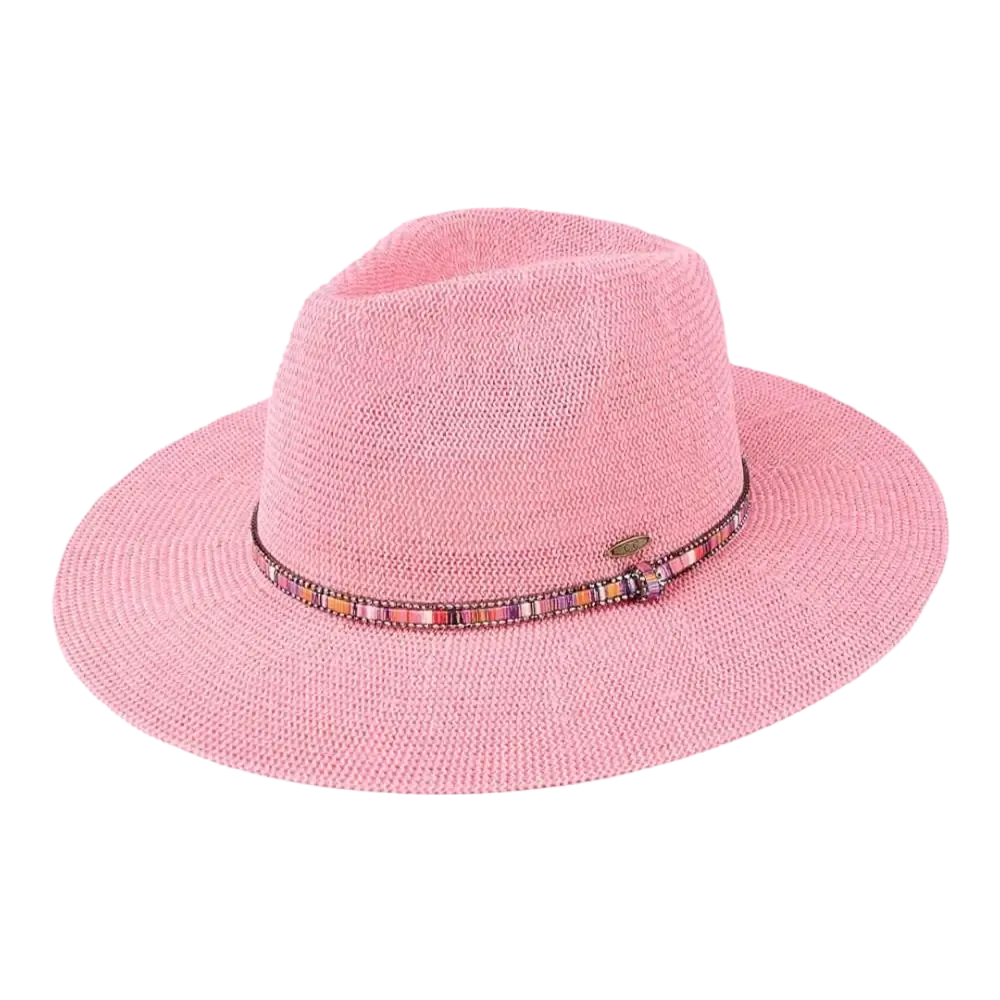 Panama Hat with Multi Thread and Rhinestone Trim Band - Pink