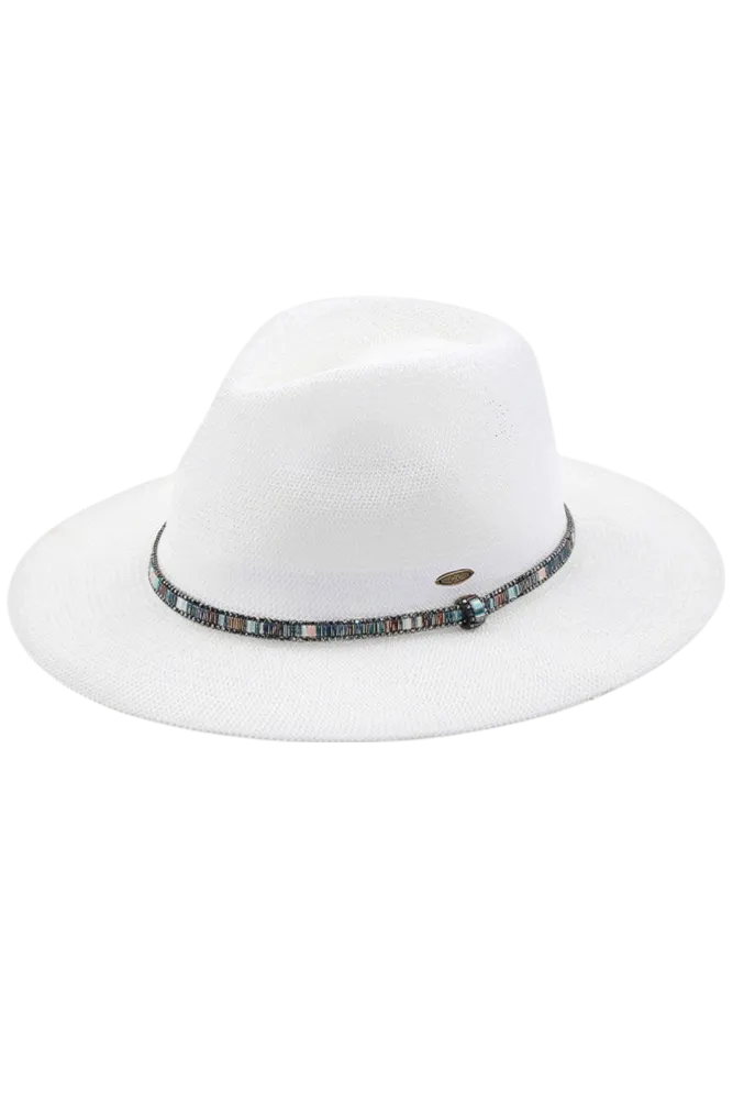Panama Hat with Multi Thread and Rhinestone Trim Band - White