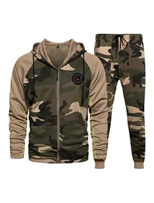 PASOK Men's Casual Tracksuit Set Long Sleeve Full-Zip Running Jogging Athletic Sweat Suits, Khaki, Small