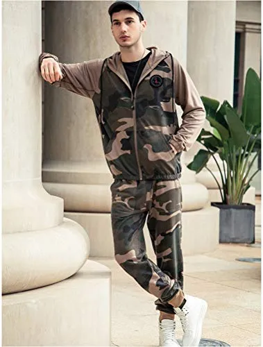 PASOK Men's Casual Tracksuit Set Long Sleeve Full-Zip Running Jogging Athletic Sweat Suits, Khaki, Small