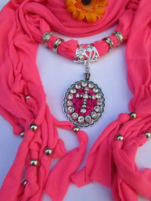 Pink Blue Beads Fabric Scarf Long Necklace Rhinestones Cross Pendant