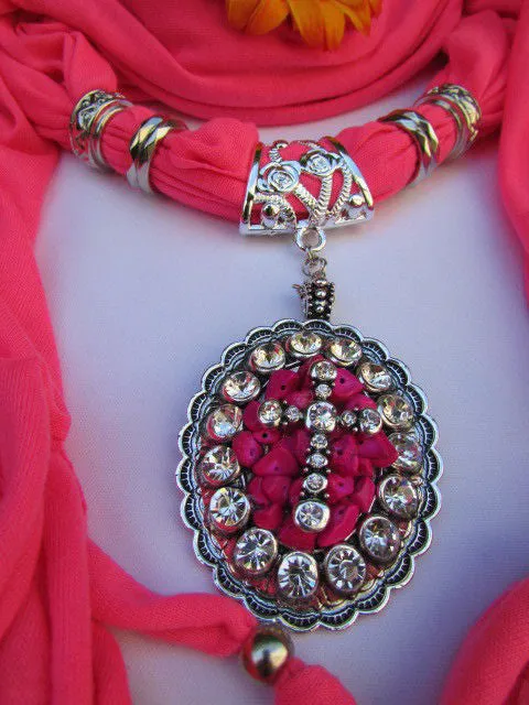 Pink Blue Beads Fabric Scarf Long Necklace Rhinestones Cross Pendant