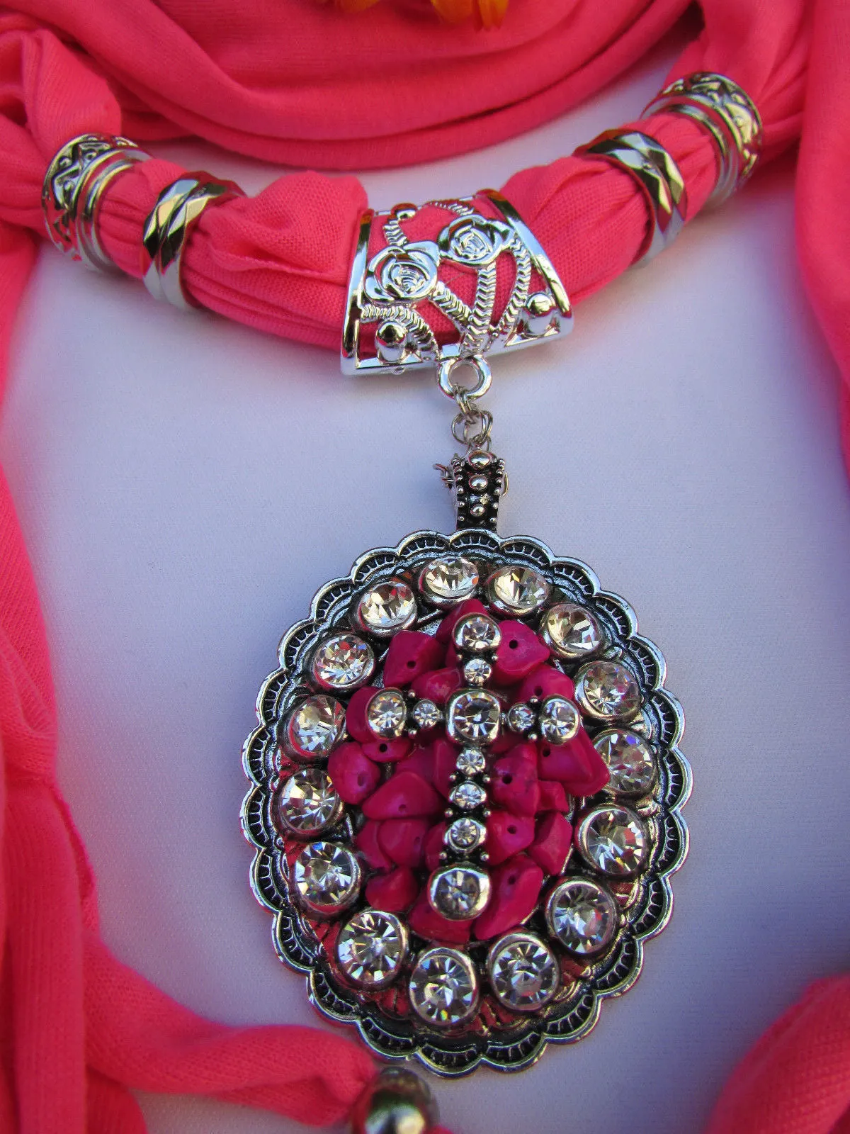 Pink Blue Beads Fabric Scarf Long Necklace Rhinestones Cross Pendant