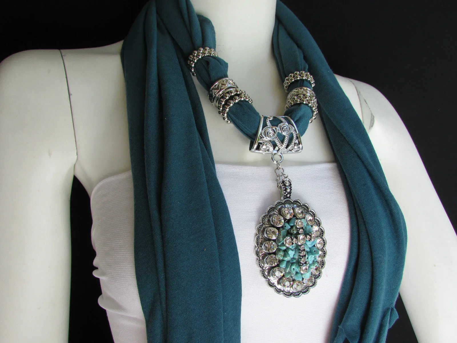 Pink Blue Beads Fabric Scarf Long Necklace Rhinestones Cross Pendant