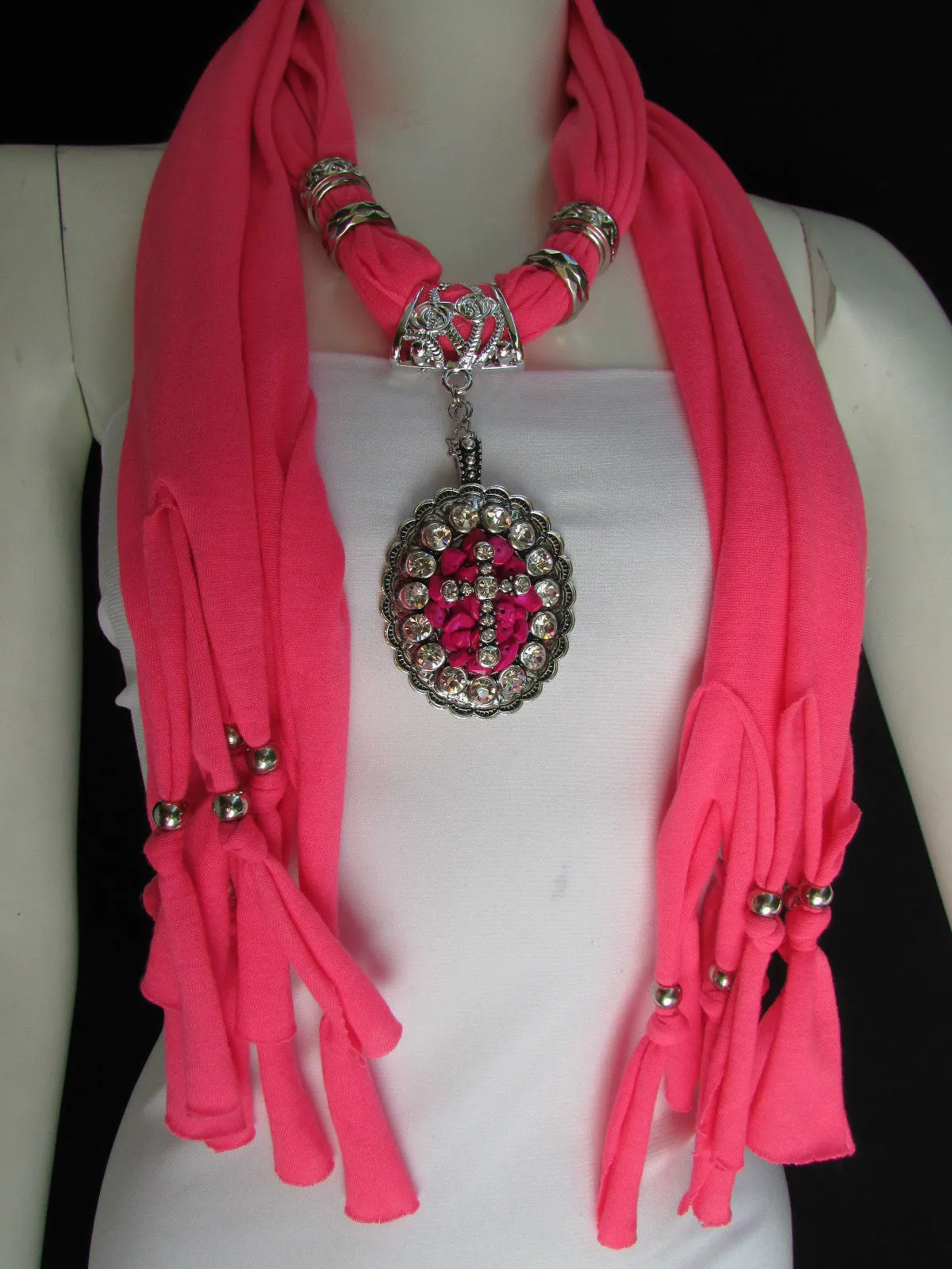 Pink Blue Beads Fabric Scarf Long Necklace Rhinestones Cross Pendant