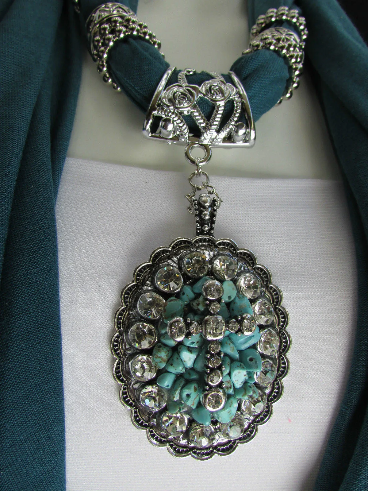 Pink Blue Beads Fabric Scarf Long Necklace Rhinestones Cross Pendant