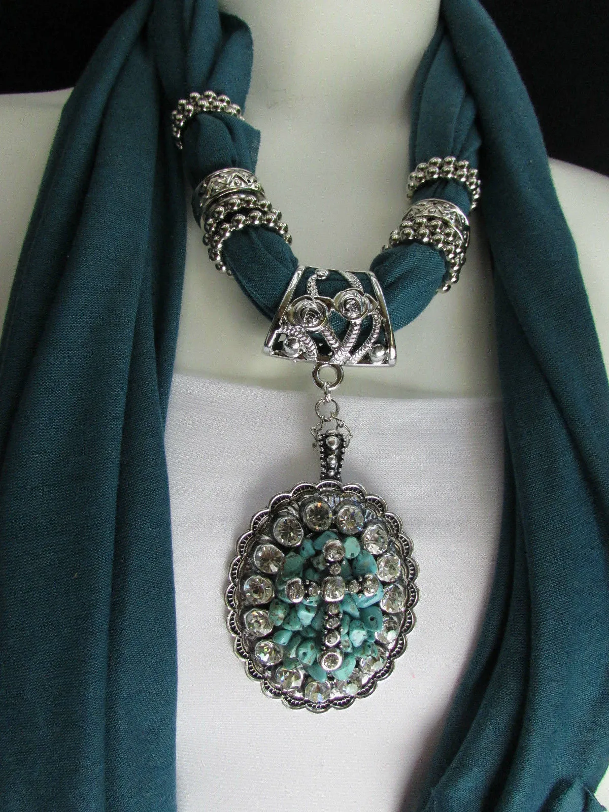 Pink Blue Beads Fabric Scarf Long Necklace Rhinestones Cross Pendant