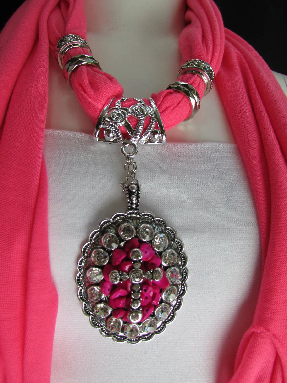 Pink Blue Beads Fabric Scarf Long Necklace Rhinestones Cross Pendant