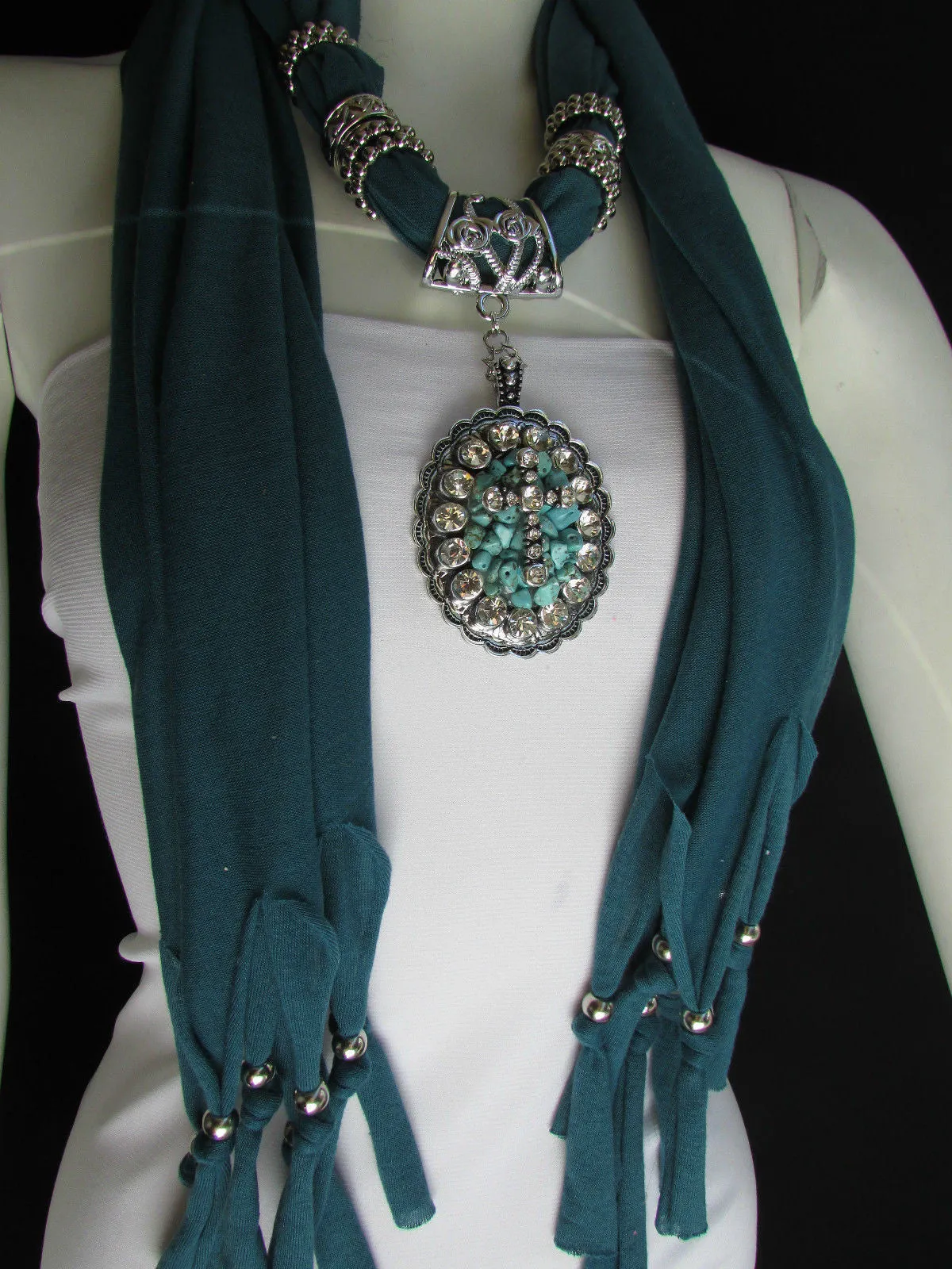 Pink Blue Beads Fabric Scarf Long Necklace Rhinestones Cross Pendant