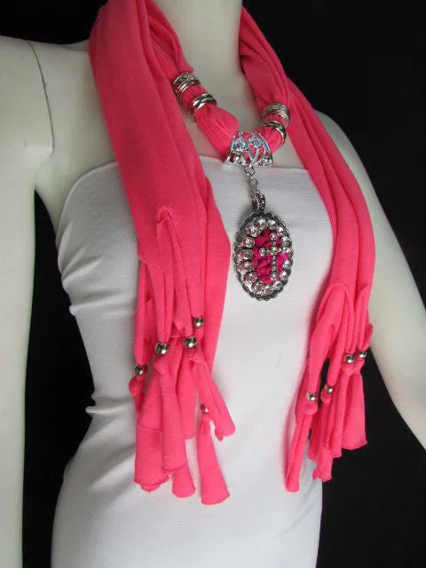 Pink Blue Beads Fabric Scarf Long Necklace Rhinestones Cross Pendant
