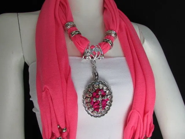 Pink Blue Beads Fabric Scarf Long Necklace Rhinestones Cross Pendant