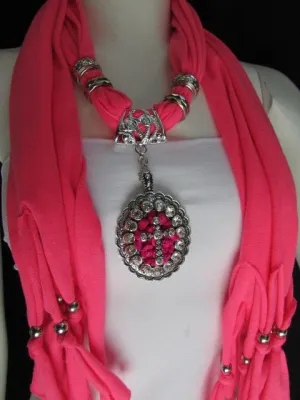 Pink Blue Beads Fabric Scarf Long Necklace Rhinestones Cross Pendant