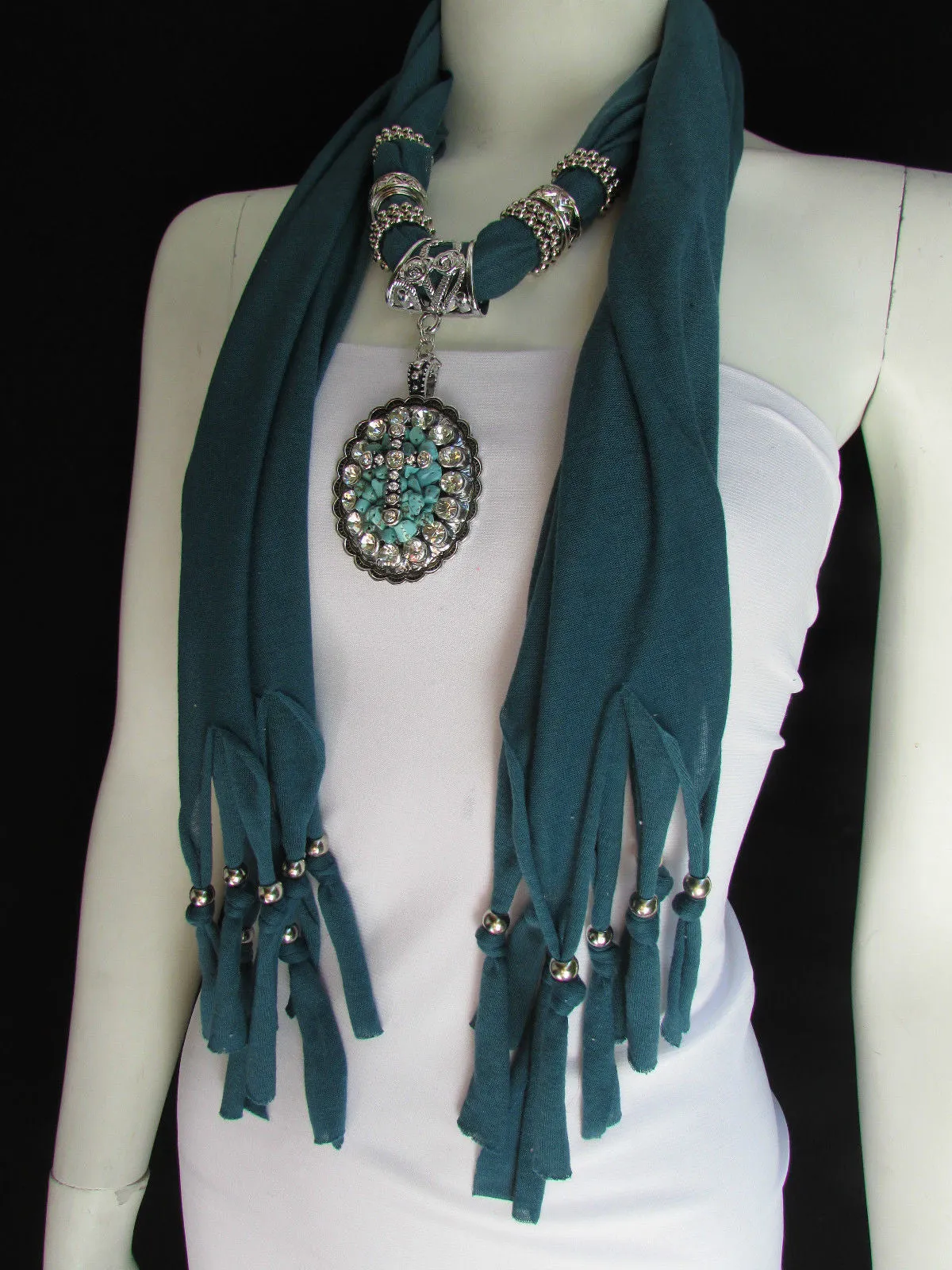 Pink Blue Beads Fabric Scarf Long Necklace Rhinestones Cross Pendant
