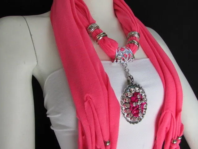 Pink Blue Beads Fabric Scarf Long Necklace Rhinestones Cross Pendant