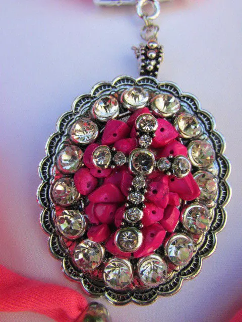 Pink Blue Beads Fabric Scarf Long Necklace Rhinestones Cross Pendant