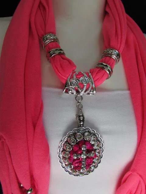 Pink Blue Beads Fabric Scarf Long Necklace Rhinestones Cross Pendant