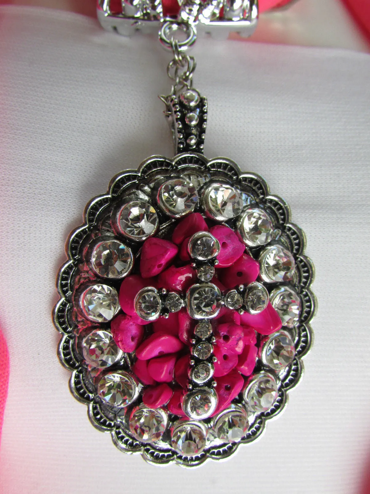 Pink Blue Beads Fabric Scarf Long Necklace Rhinestones Cross Pendant