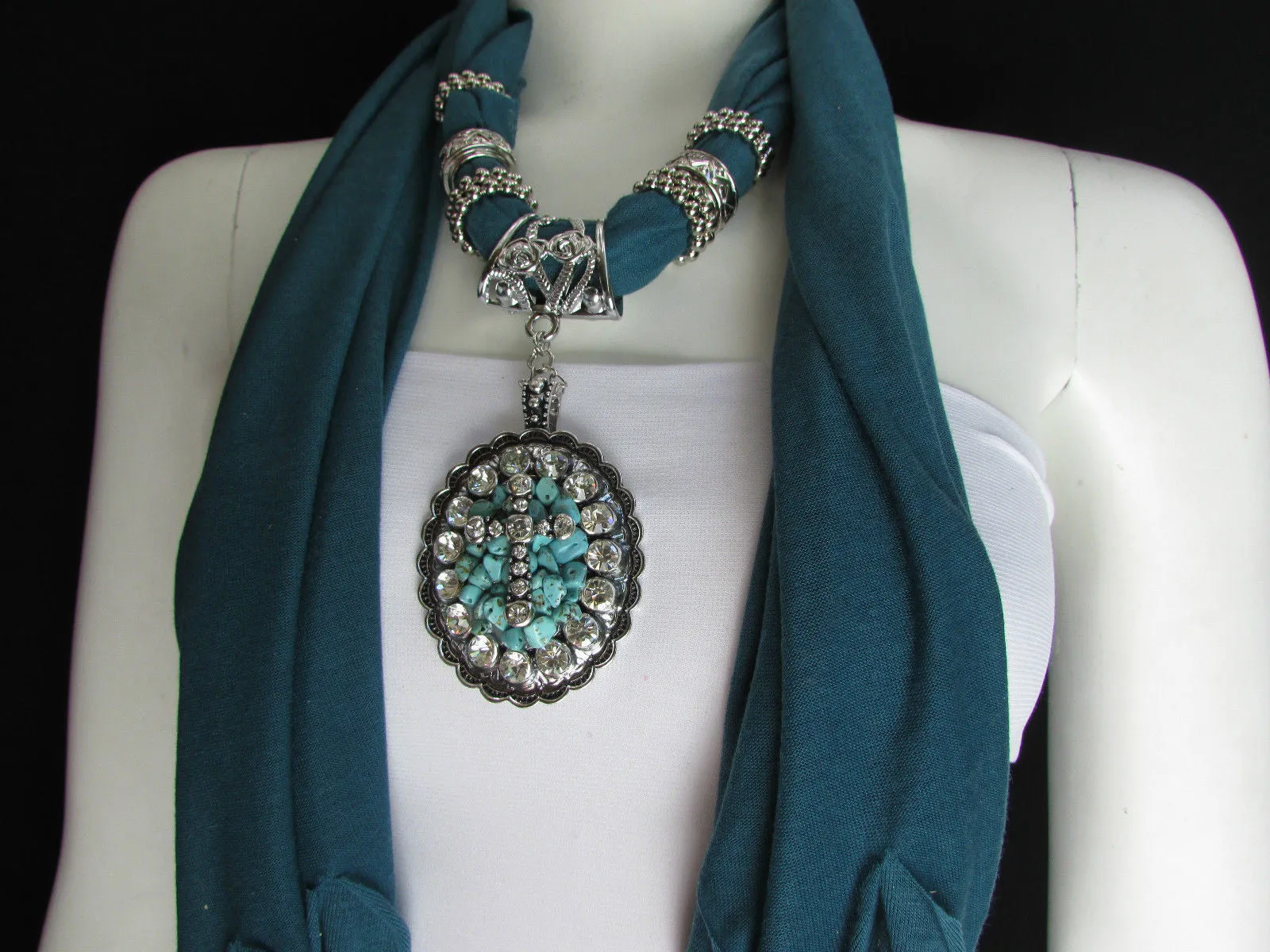 Pink Blue Beads Fabric Scarf Long Necklace Rhinestones Cross Pendant