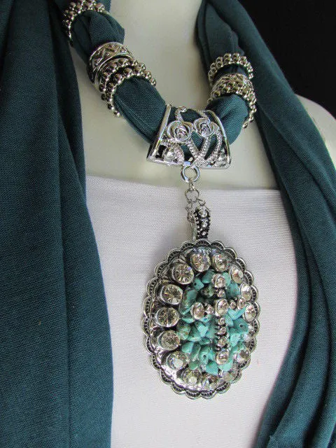 Pink Blue Beads Fabric Scarf Long Necklace Rhinestones Cross Pendant