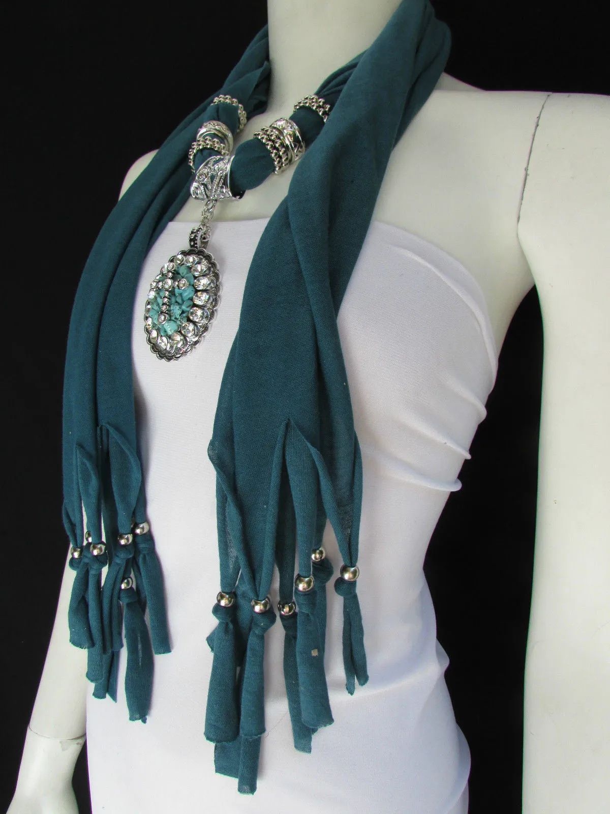 Pink Blue Beads Fabric Scarf Long Necklace Rhinestones Cross Pendant