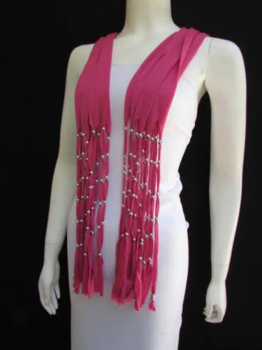 Pink Soft Fabric Scarf Multi Silver Balls Beads Pendants Necklace