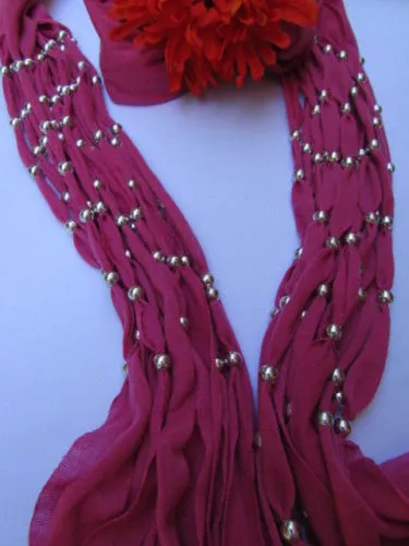 Pink Soft Fabric Scarf Multi Silver Balls Beads Pendants Necklace