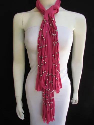 Pink Soft Fabric Scarf Multi Silver Balls Beads Pendants Necklace