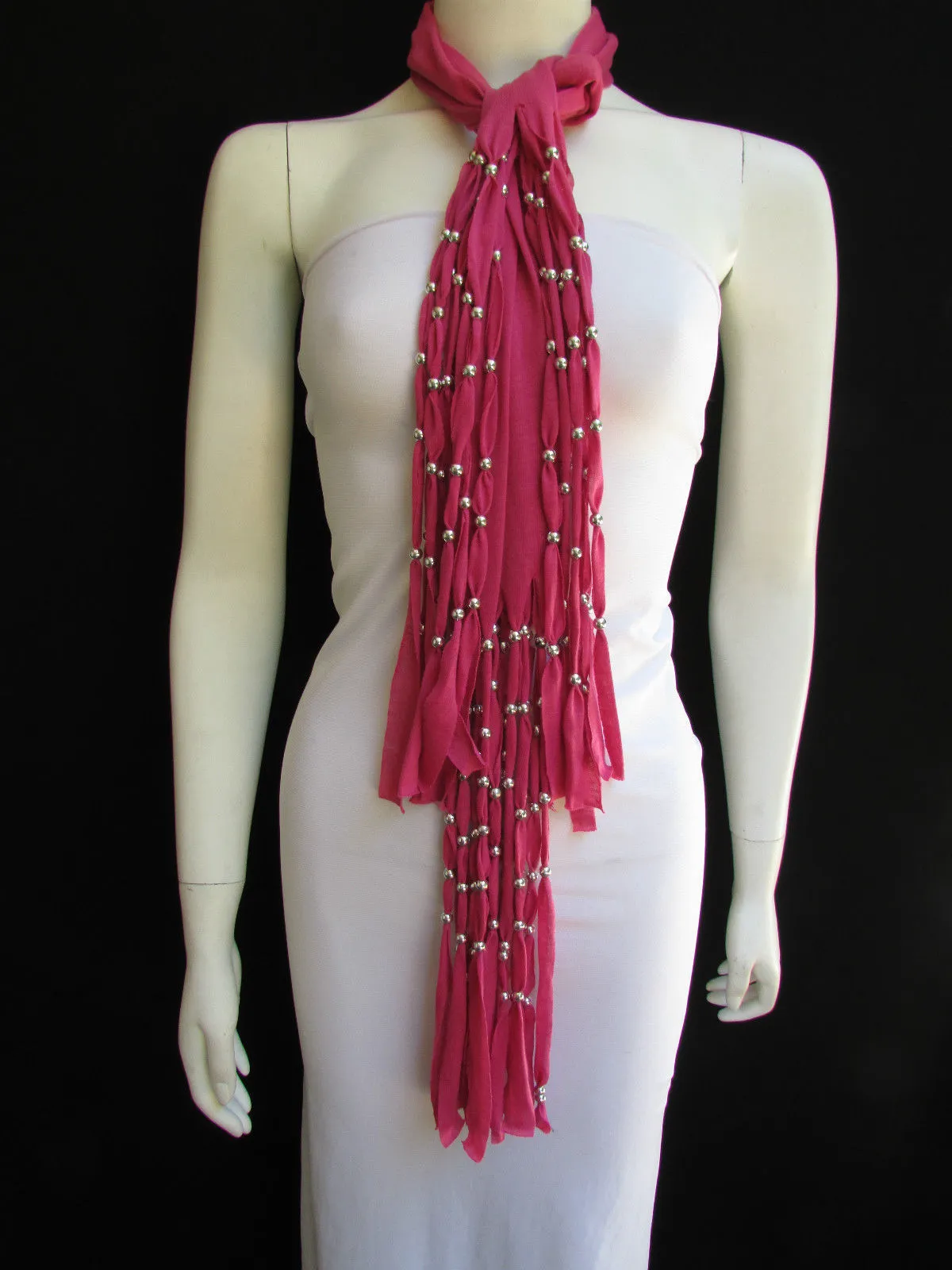Pink Soft Fabric Scarf Multi Silver Balls Beads Pendants Necklace