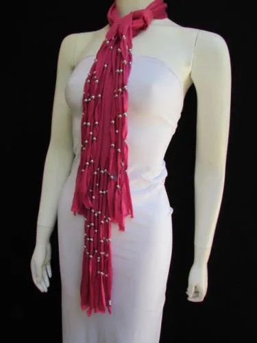 Pink Soft Fabric Scarf Multi Silver Balls Beads Pendants Necklace