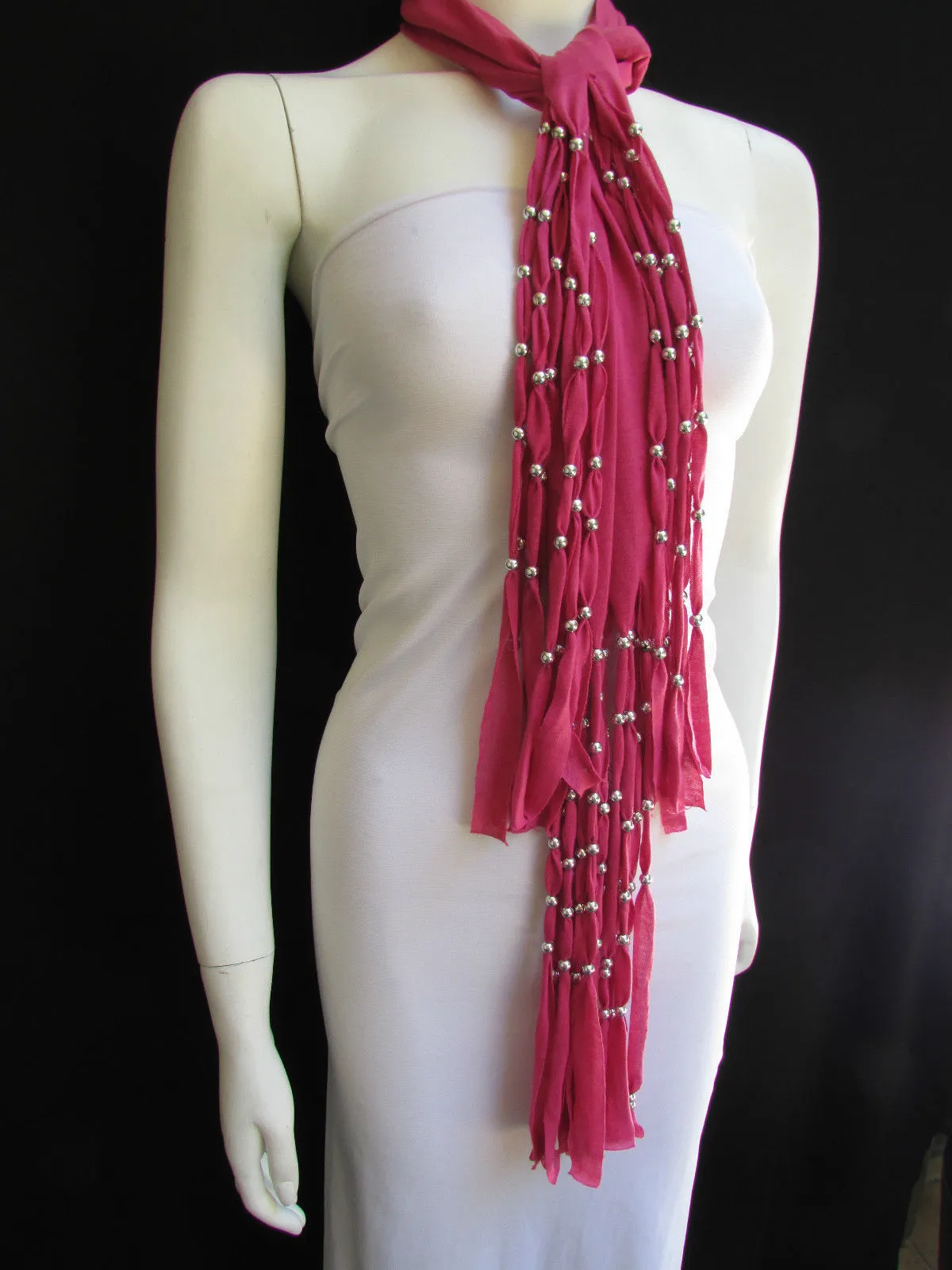 Pink Soft Fabric Scarf Multi Silver Balls Beads Pendants Necklace