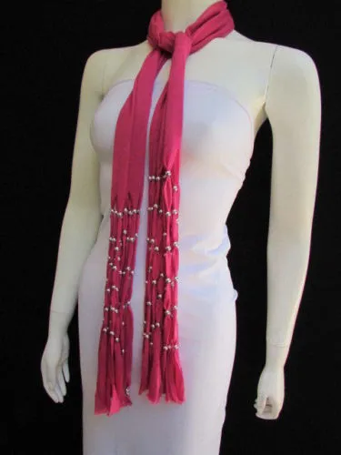 Pink Soft Fabric Scarf Multi Silver Balls Beads Pendants Necklace