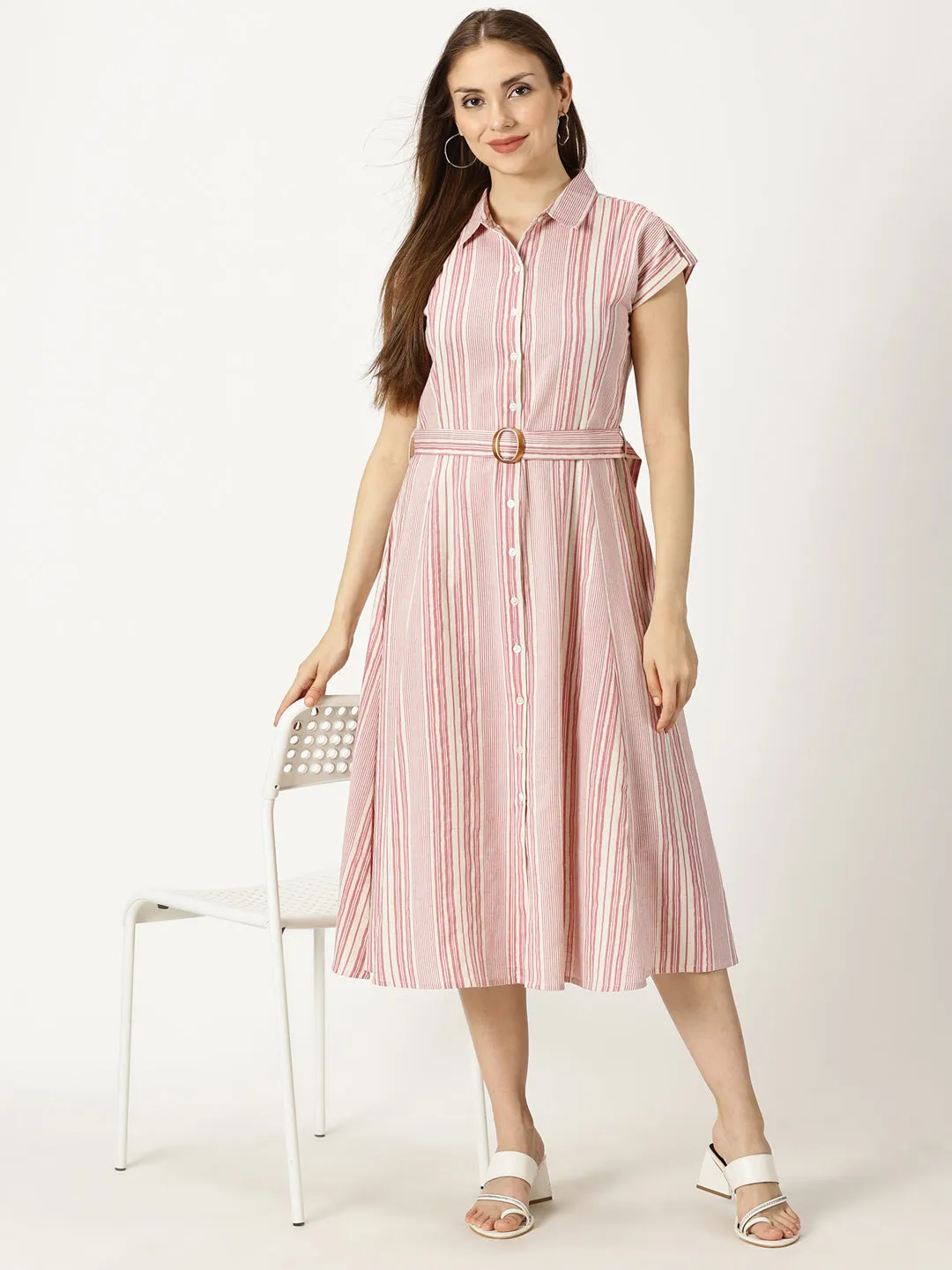 Pink Striped Print Cotton Flax Dress With Belt Buckle