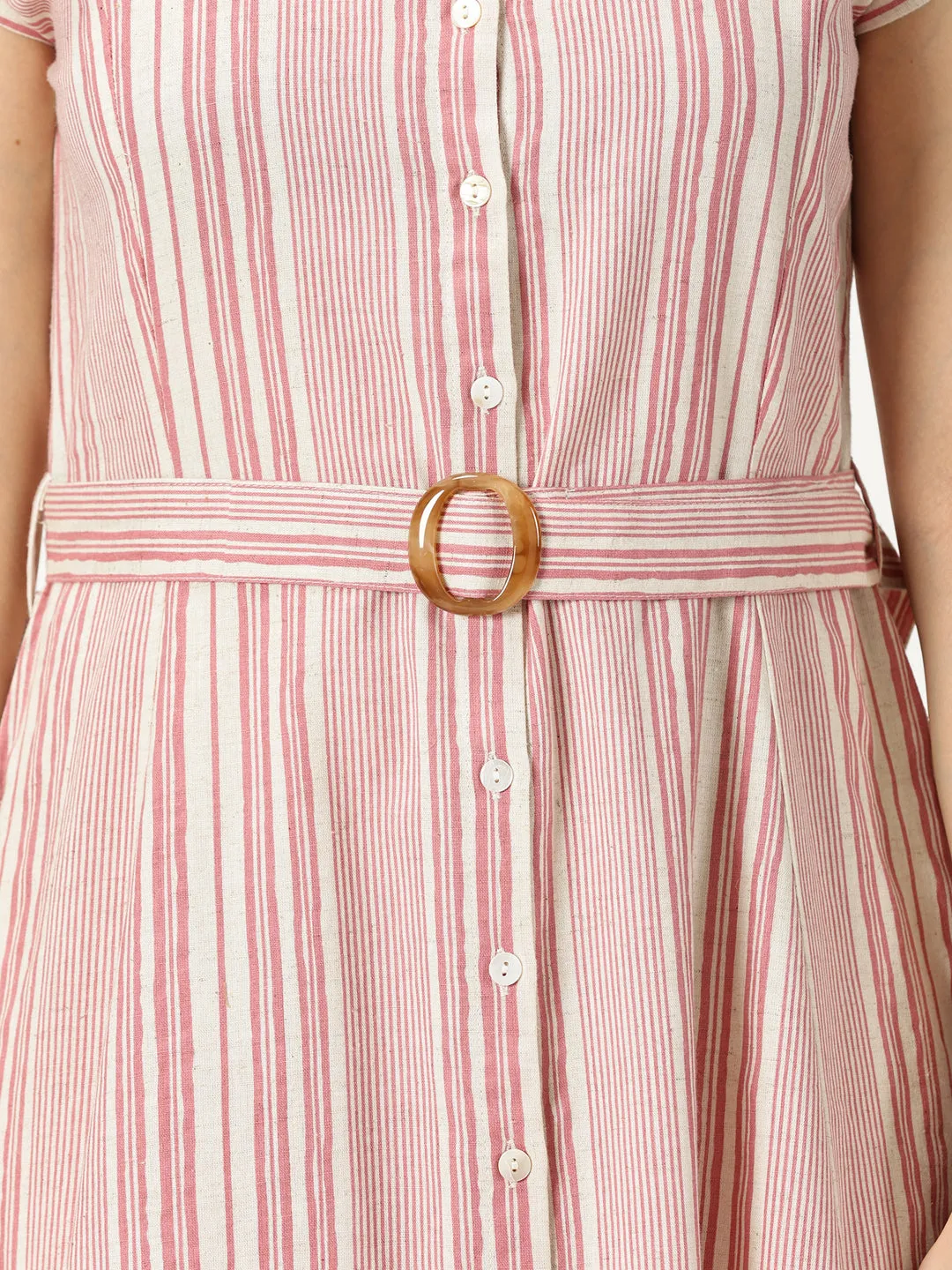 Pink Striped Print Cotton Flax Dress With Belt Buckle