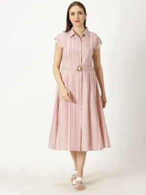 Pink Striped Print Cotton Flax Dress With Belt Buckle