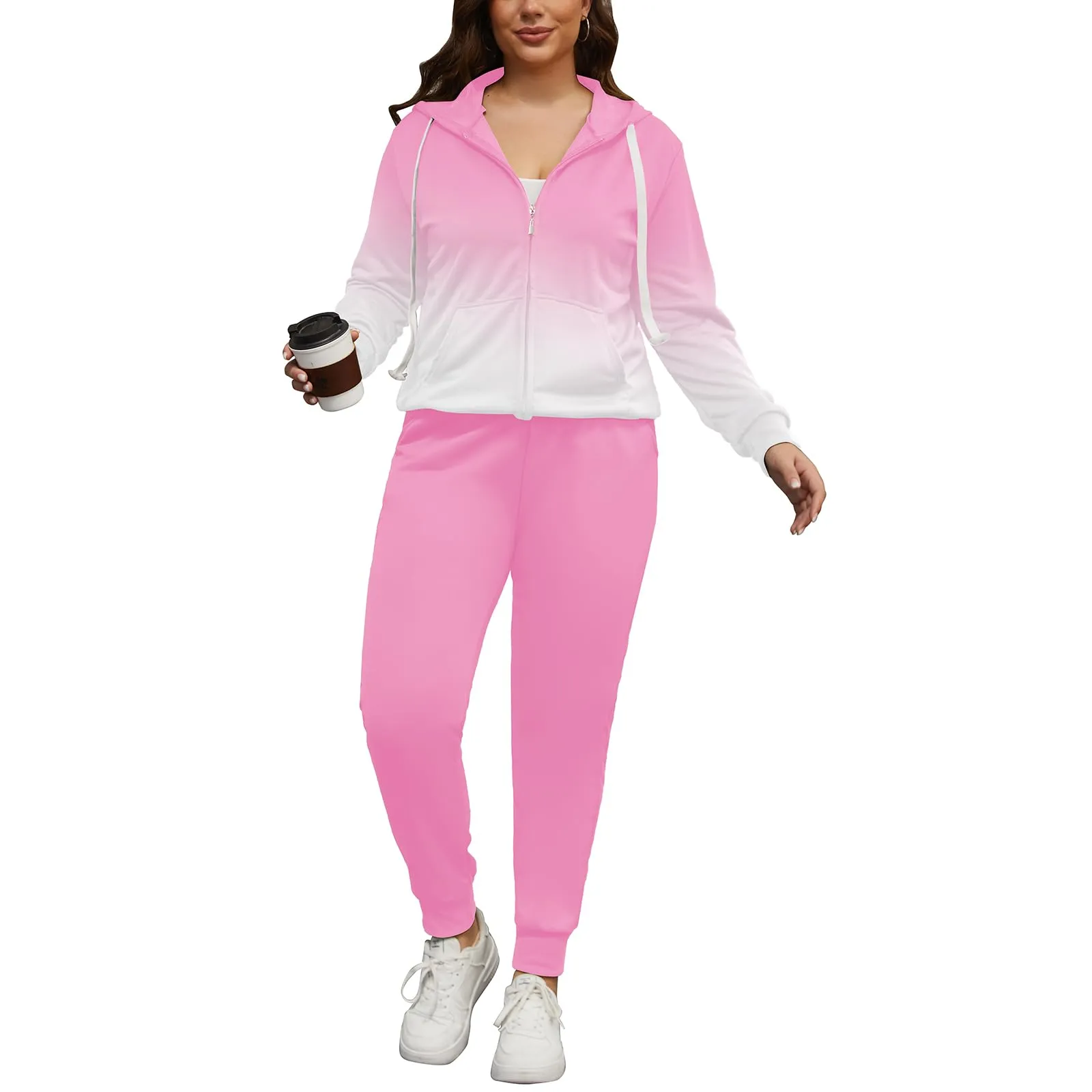 PINSV Women Plus Size 2 Piece Outfits Sweatsuits Hooded Tracksuit Jogging Suits