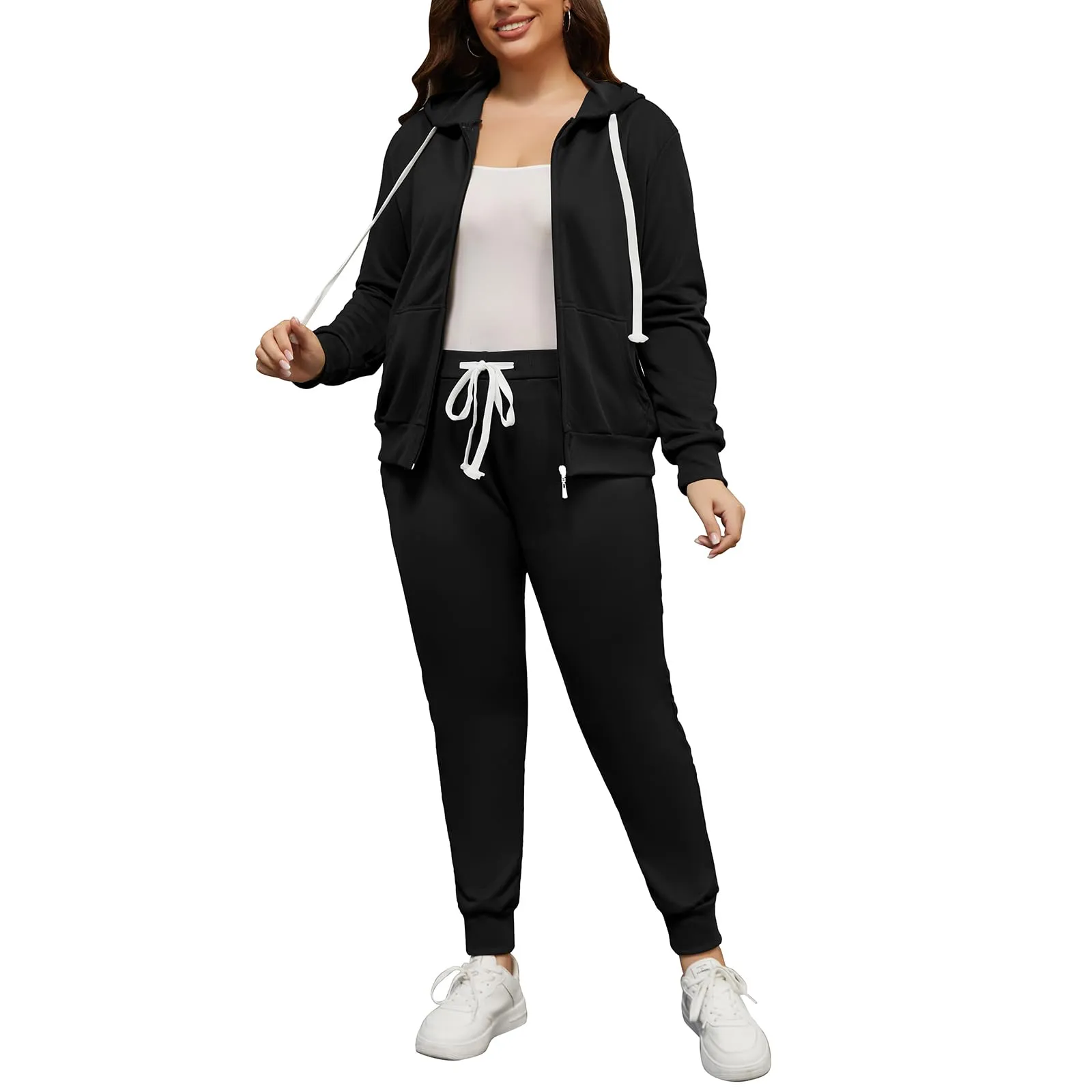 PINSV Women Plus Size 2 Piece Outfits Sweatsuits Hooded Tracksuit Jogging Suits