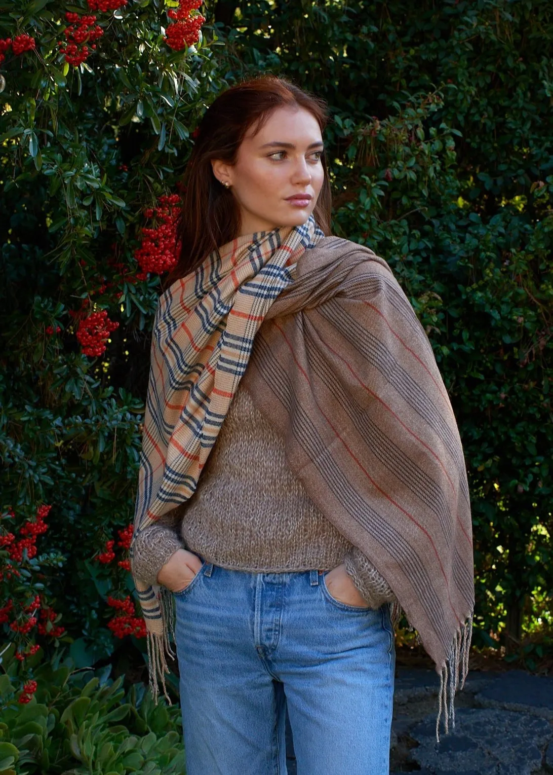 Plaid & Stripe Scarf in Neutral